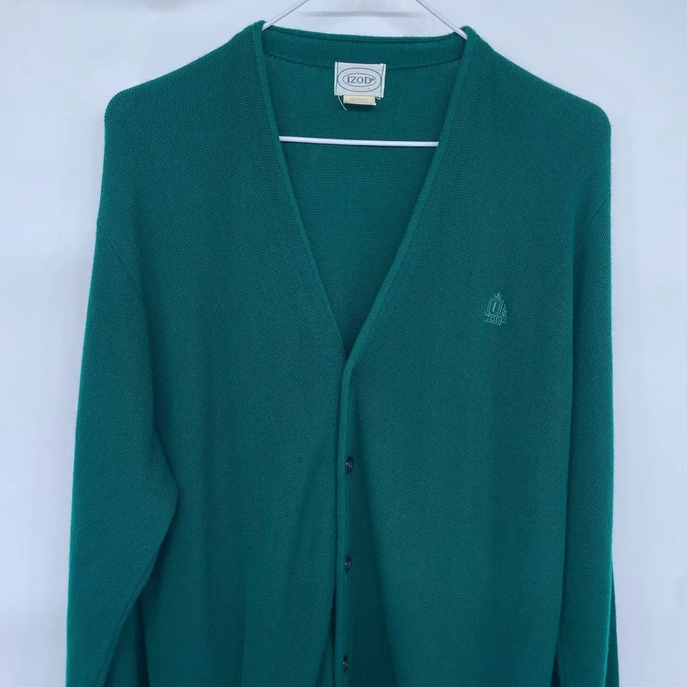 Green Vintage Izod Knit Cardigan Sweater XL‎ Grandpa Preppy Golf Tennis USA Made